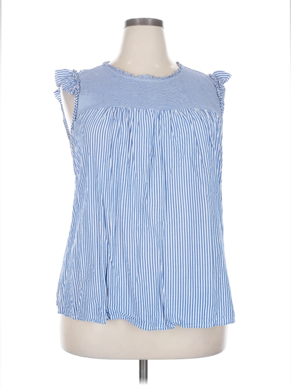 Loft size 18 xxl Blue Striped Sleeveless Ruffle-Trim Top